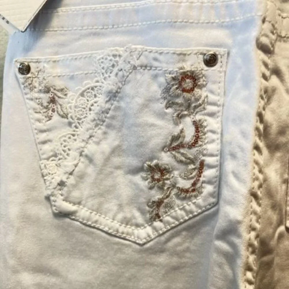 Grace Jeans Embroidered White Denim Easy Fit Frayed Hem Floral Design Womens Pan